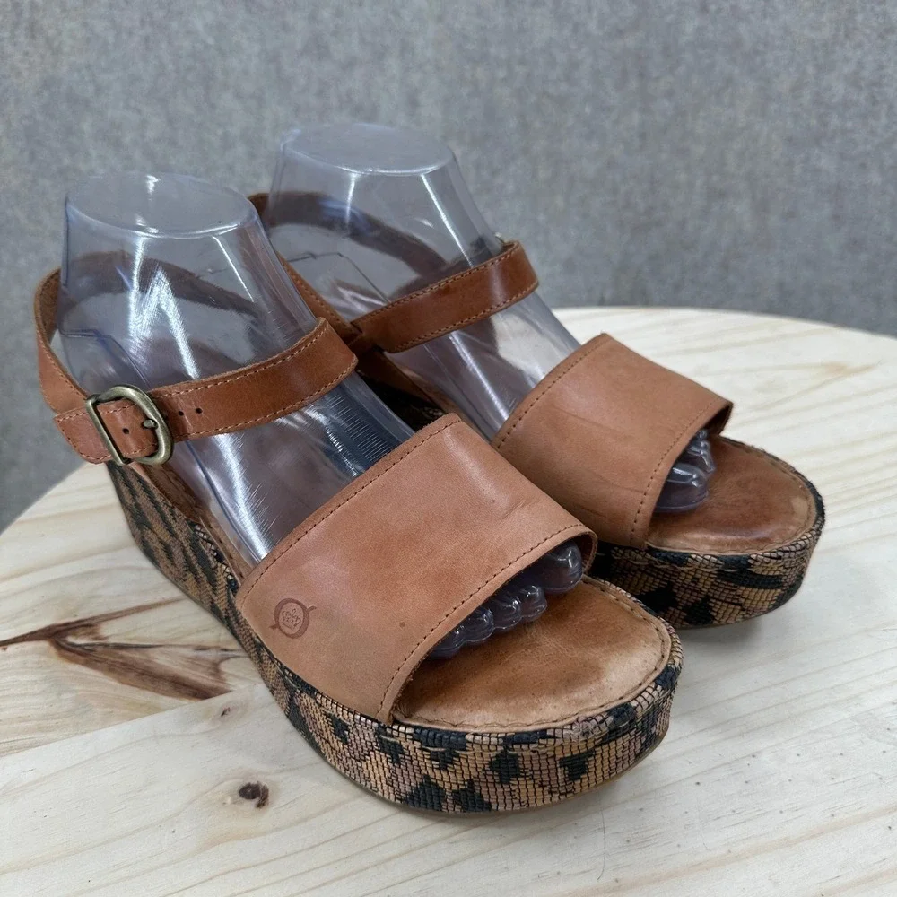 Born Dorrah Wedge Sandals 9 Tan Leather Geometric Platform Ankle Strap